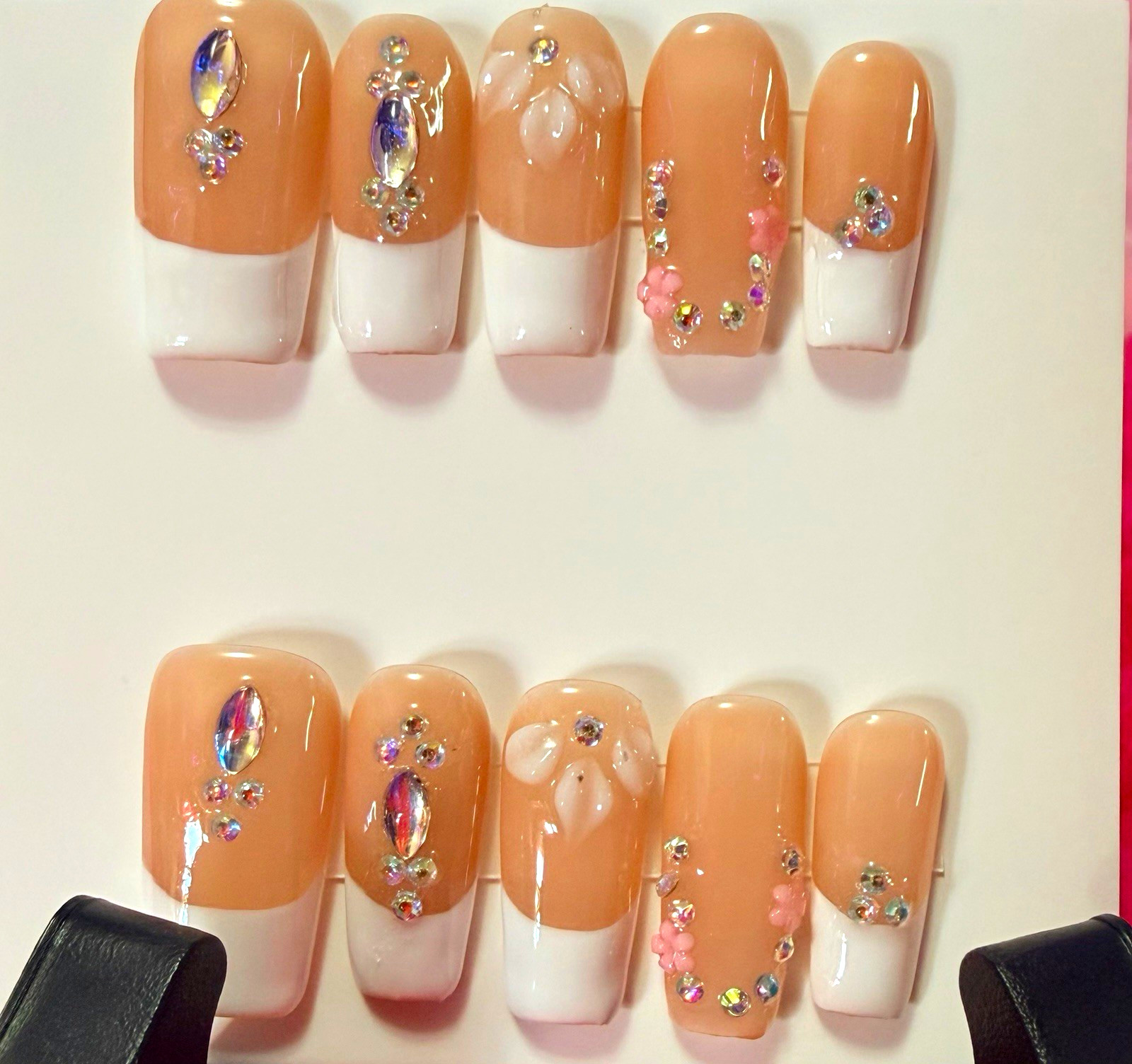 French Square Press-On Nails Set, Nude/White, Pre-Designed Floral Nail Art