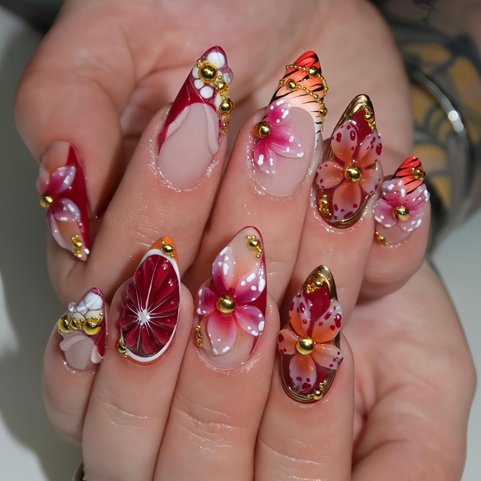 Tephrent Hawaiian Flower Almond Press On Nails