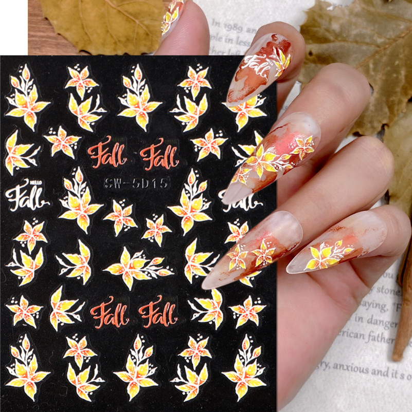 5D Embossed White Daisy Tulip Butterfly Camellia Flower Nail Art Stickers DIY