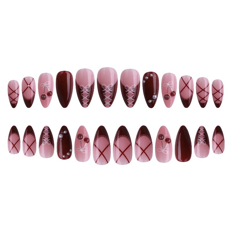48 Pcs Medium Length Almond Shaped, Bow and Cherry Colored, Removable Fake Nails