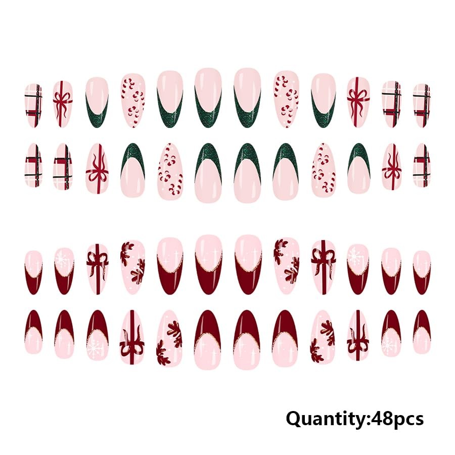2 Packs 48Pcs Christmas Press on Nails Short Almond Fake Medium, Style 4