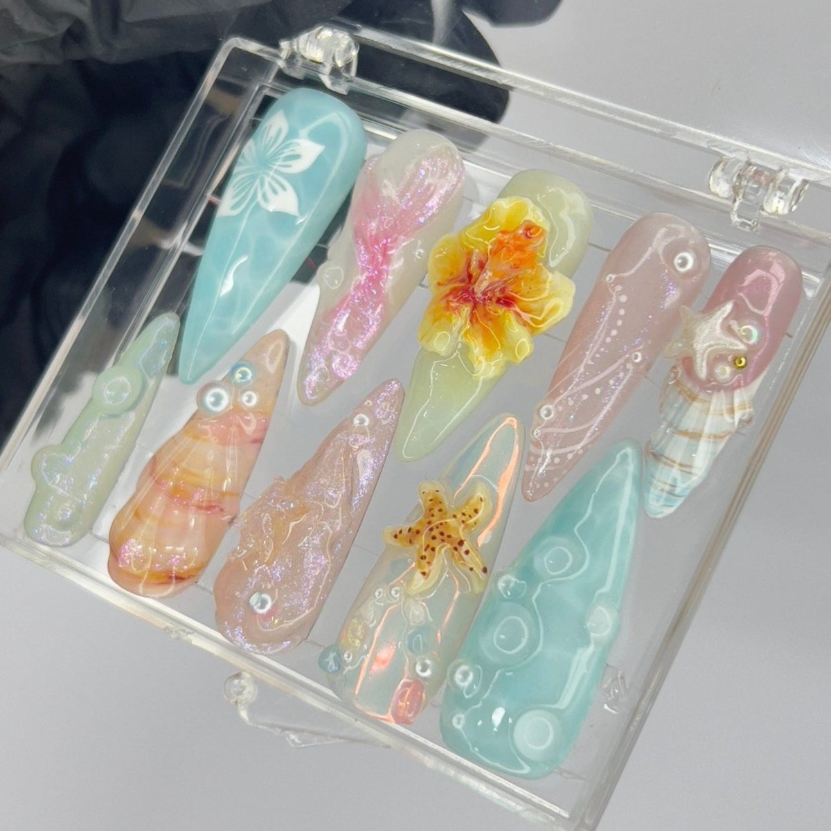 Beach Mermaid Handmade Press on Nails Star Shell Glitter Pastel Fake Nails