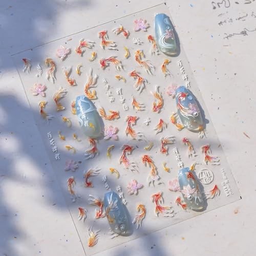 5D Embossed Nail Art Stickers Spring Summer Nail Stickers for Nail Gold Fish