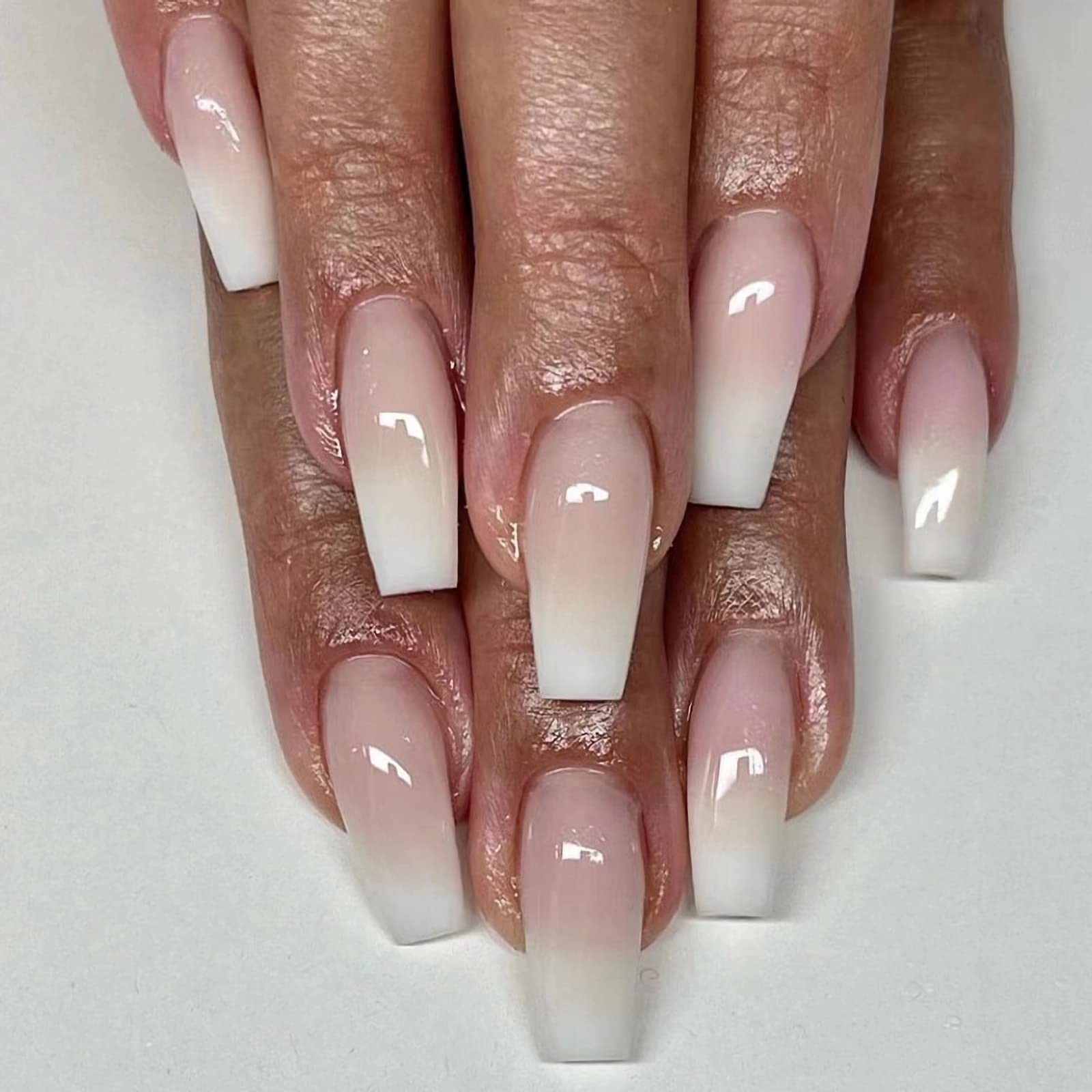 Coffin Press on Nails Long – Ombre White French Tip Fake Nails, Gradient Desi…