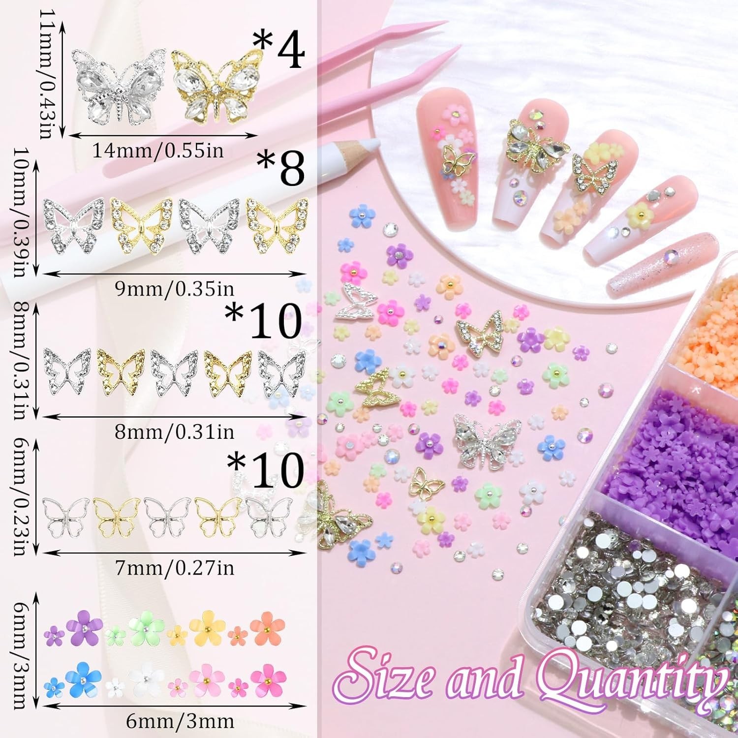 Flower Nail Charms Colorful 3D Flowers for Nails Metal Butterfly Nail Art Charms