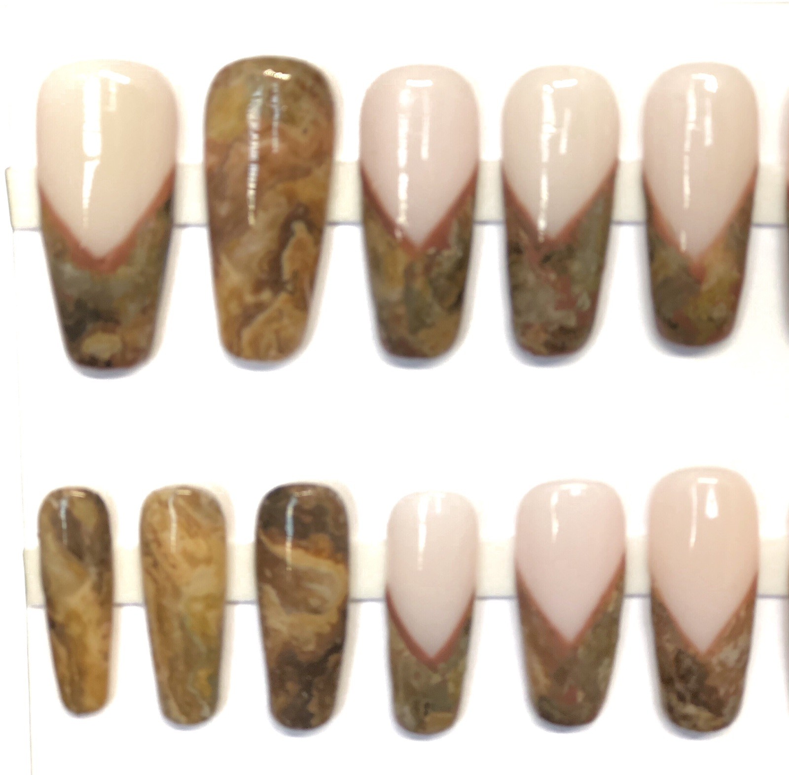 Custom Handmade Press On Nails Long Coffin Milky White Brown French Marble Nails