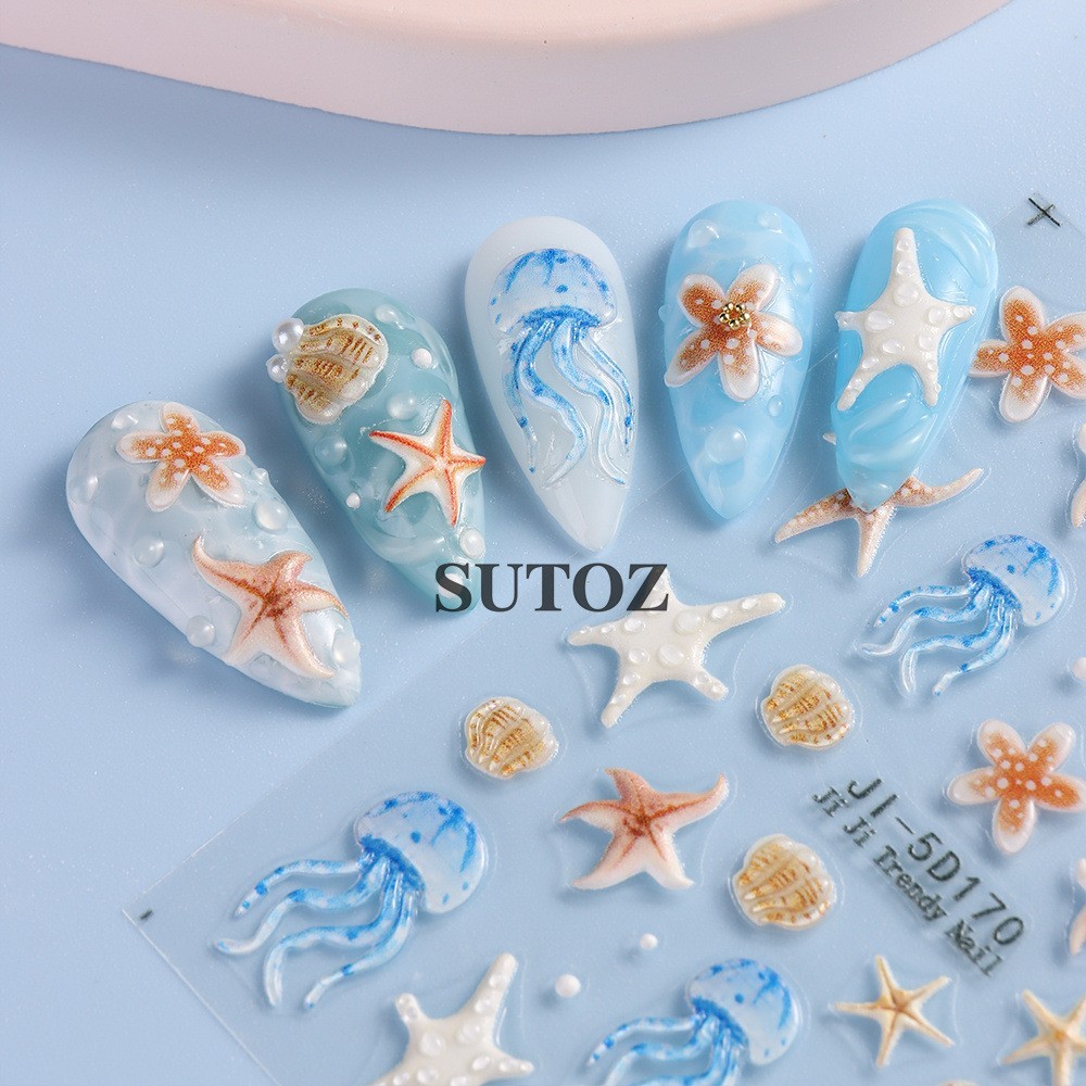 Summer 5D Embossed Ocean Nail Art Stickers Flower Starfish Seashell Coconut NH29