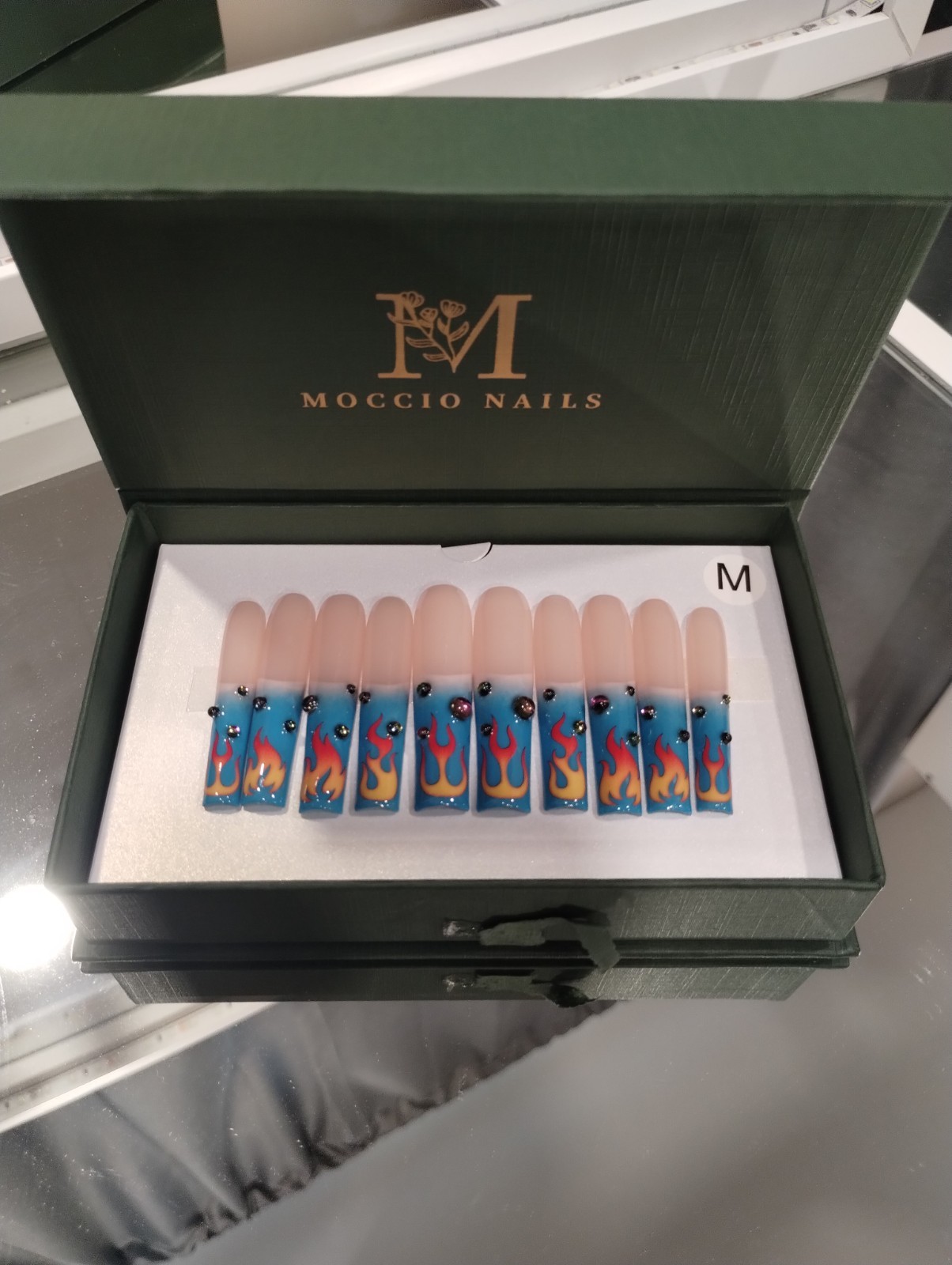 MOCCIO NAILS Press-On Nails Long Coffin Flame Theme Multicolor Shiny