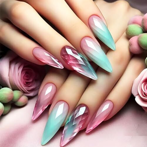 Cat Eye Press on Nails with Geometric Diamond Design, Glossy Cat Eye Design 23