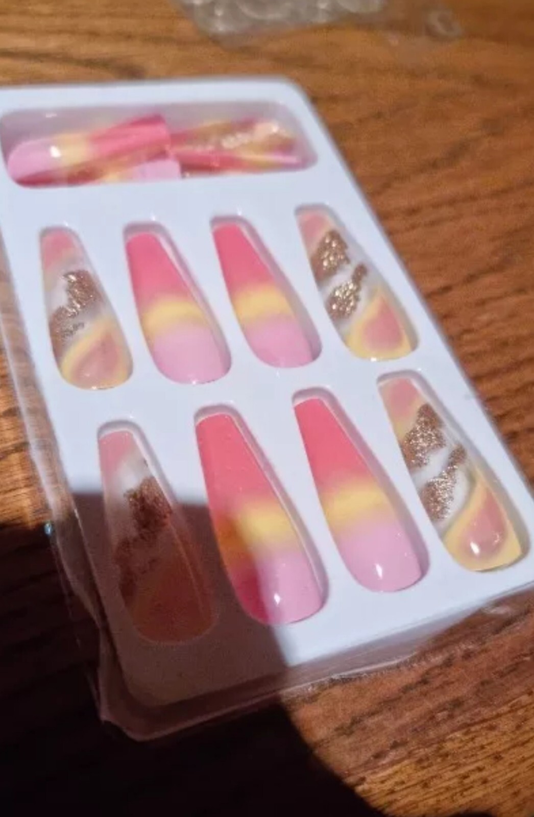 24 Orange pink Sunset Press on nails kit glue clear gold flake strong extra long