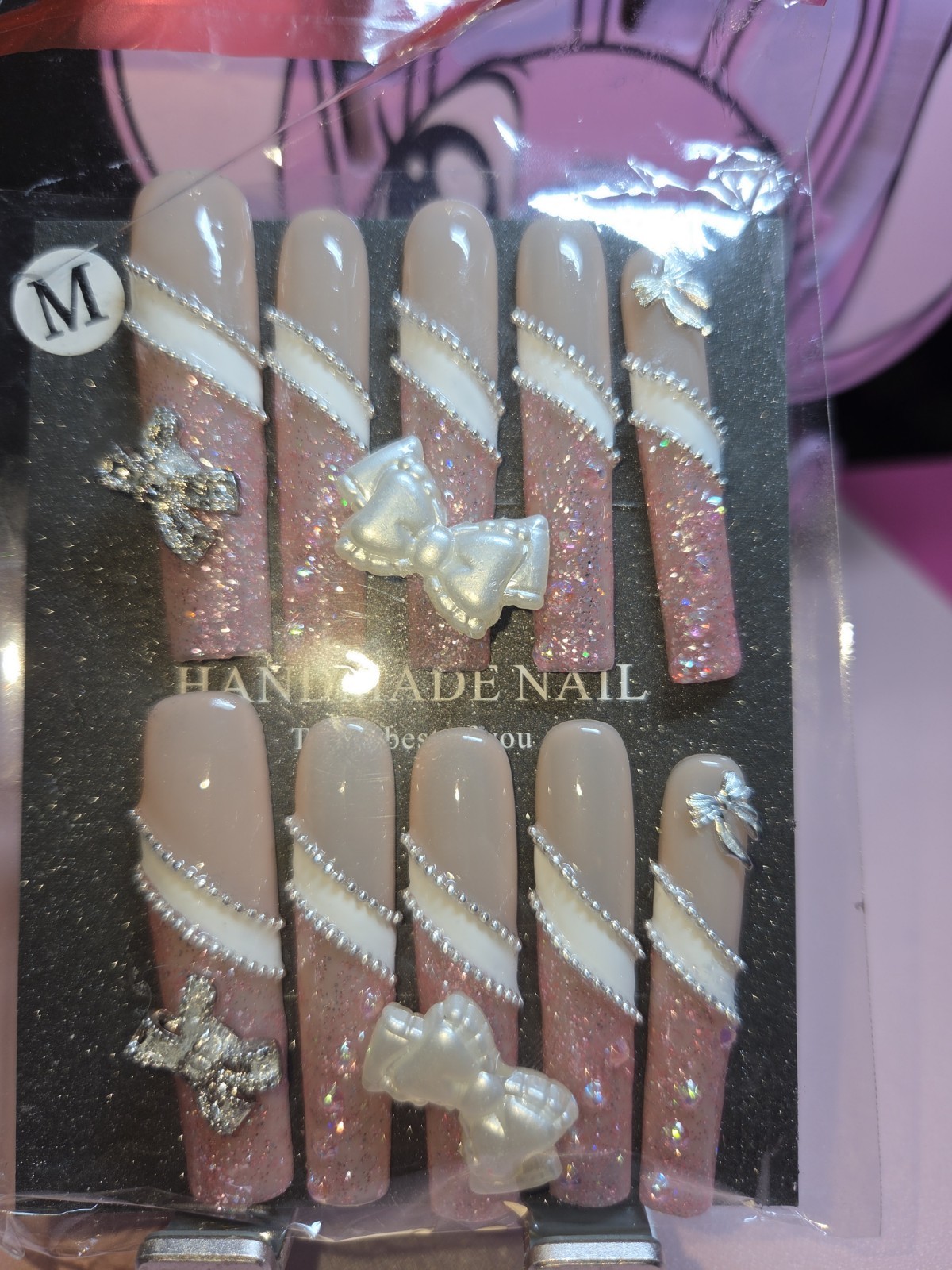 Press-On Nails Handmade Large 3x Pink glitter french tip bow Y2k
