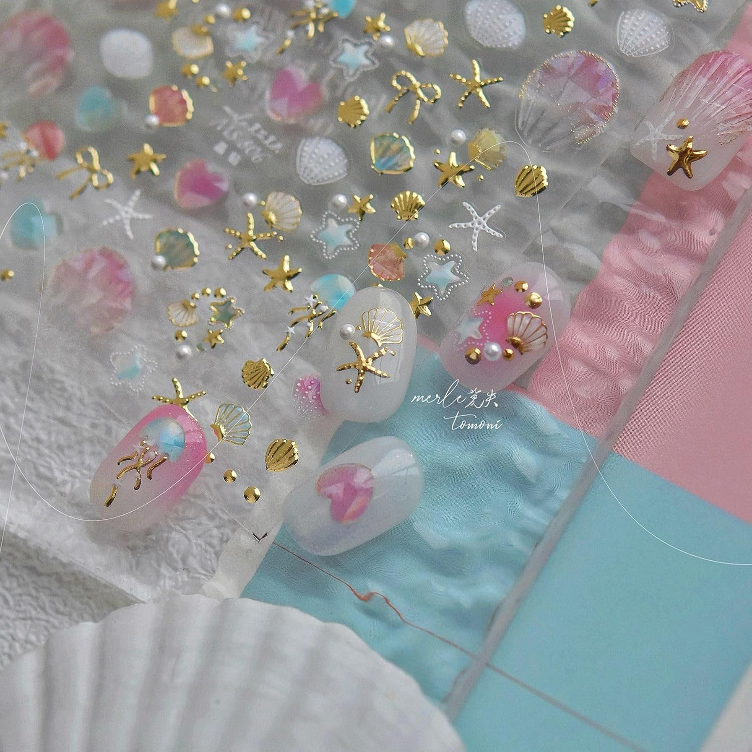 Laser Pearl Seashell Nail Stickers 5D Embossed Gold Ocean Nail Decals Self-Adhes
