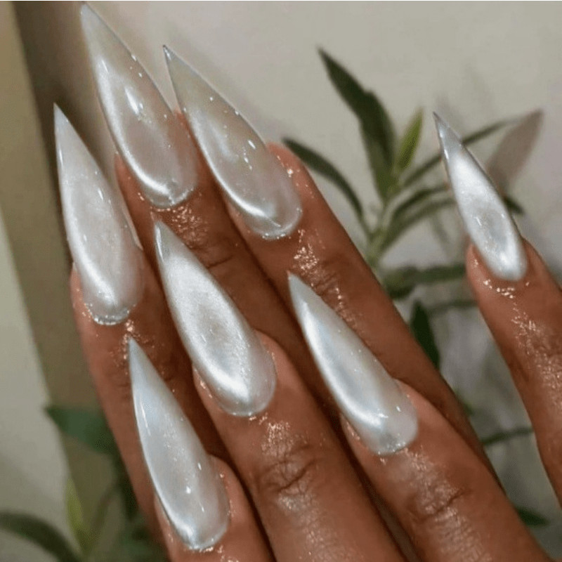 60Pcs Silver White Chrome Press on Nails, Long Stiletto Mirror Glossy Fake Nails