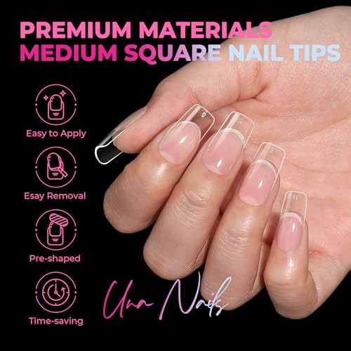 Square Nail Tips 510Pcs 15 Sizes – No File Needed Pre-Buffed Medium Square