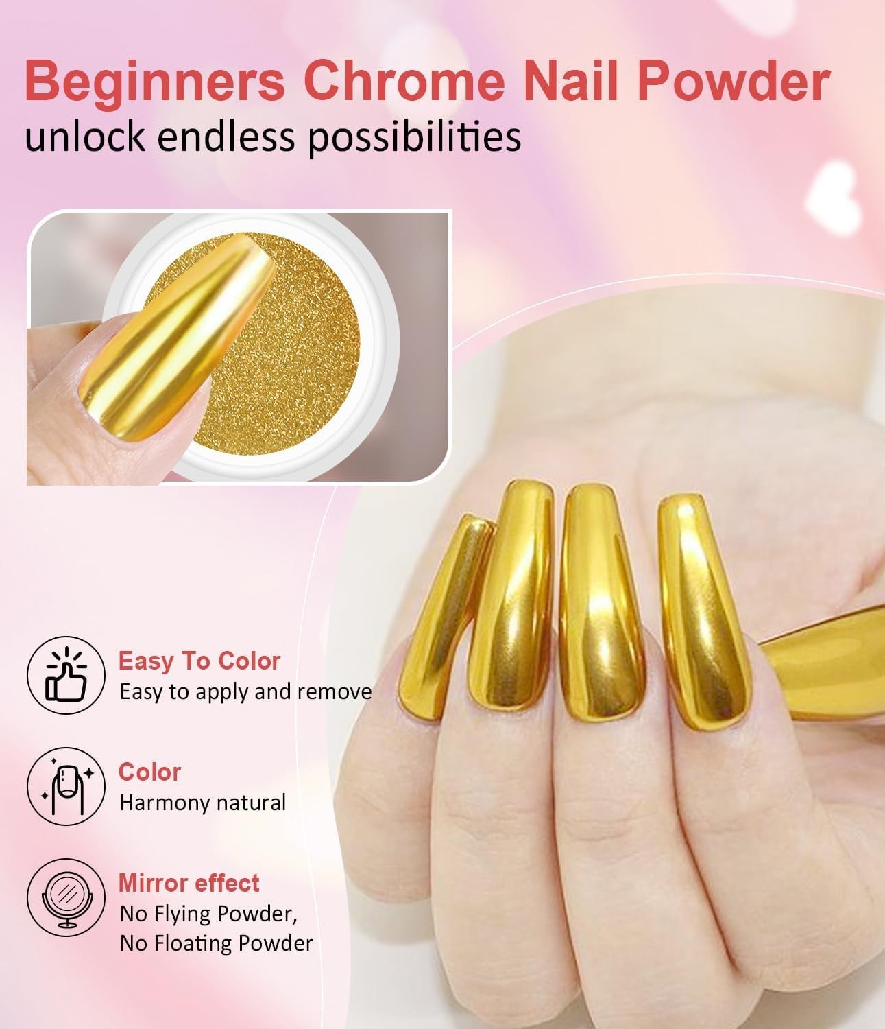 Gold Chrome Nail Powder – Metallic Mirror Effect Nail Chrome Powders Silver C…