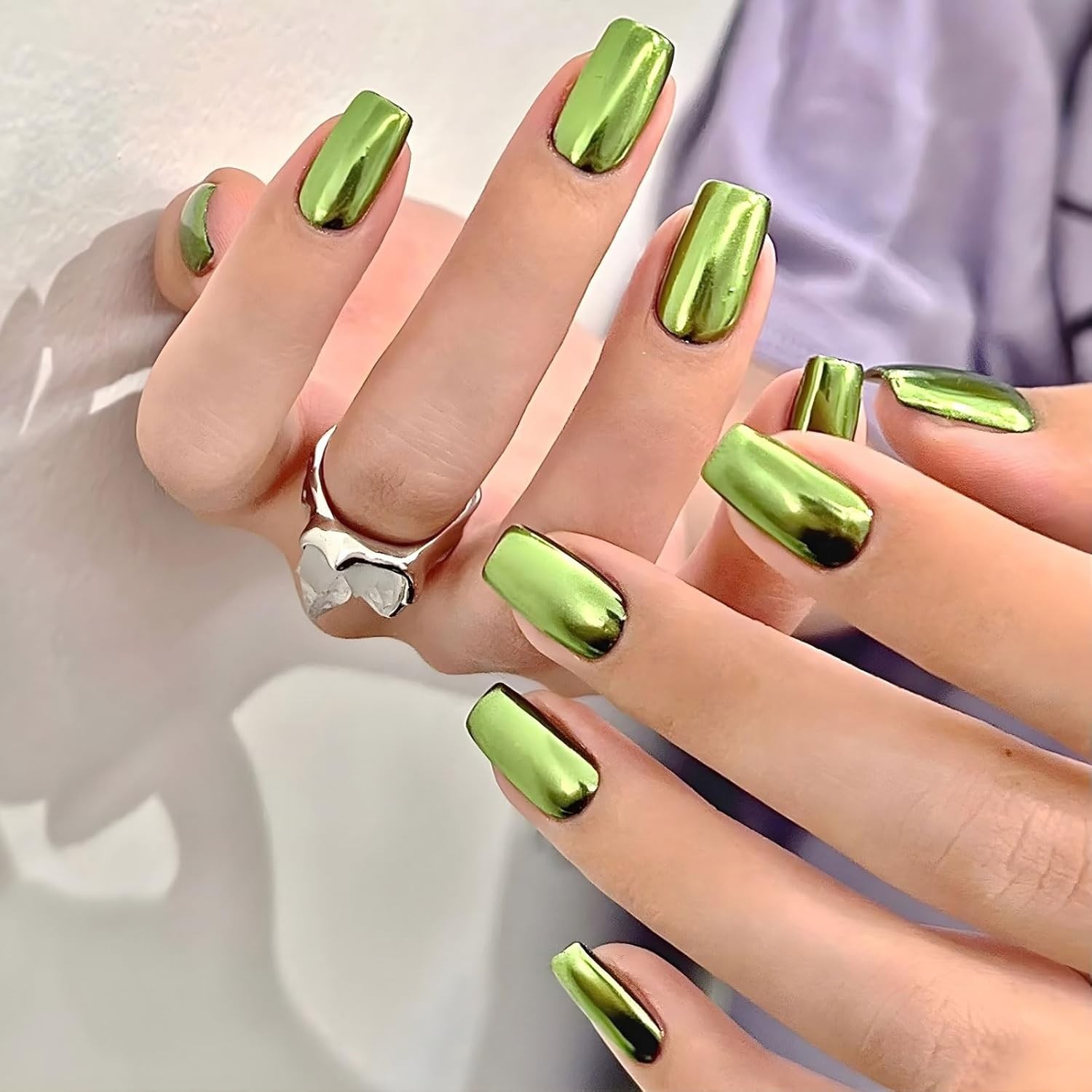 Green Chrome Press On Nails Short Square, 24pcs Normal, Square
