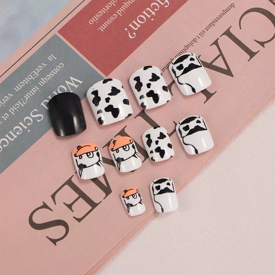 24 Cow Print Short Black White Press On nails design gothic ima cow moo doja cat