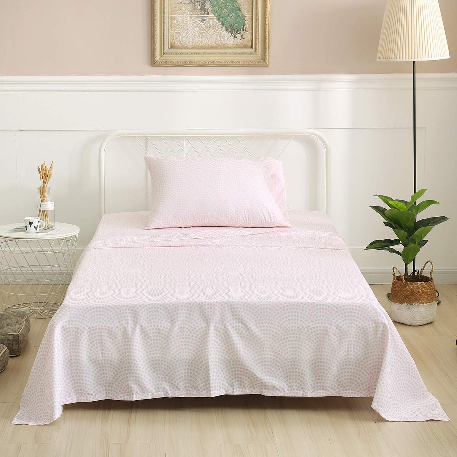 Vonty Kids Bed Sheets Full Pink Heart Printed Sheets for Girls, Soft Lightwei…