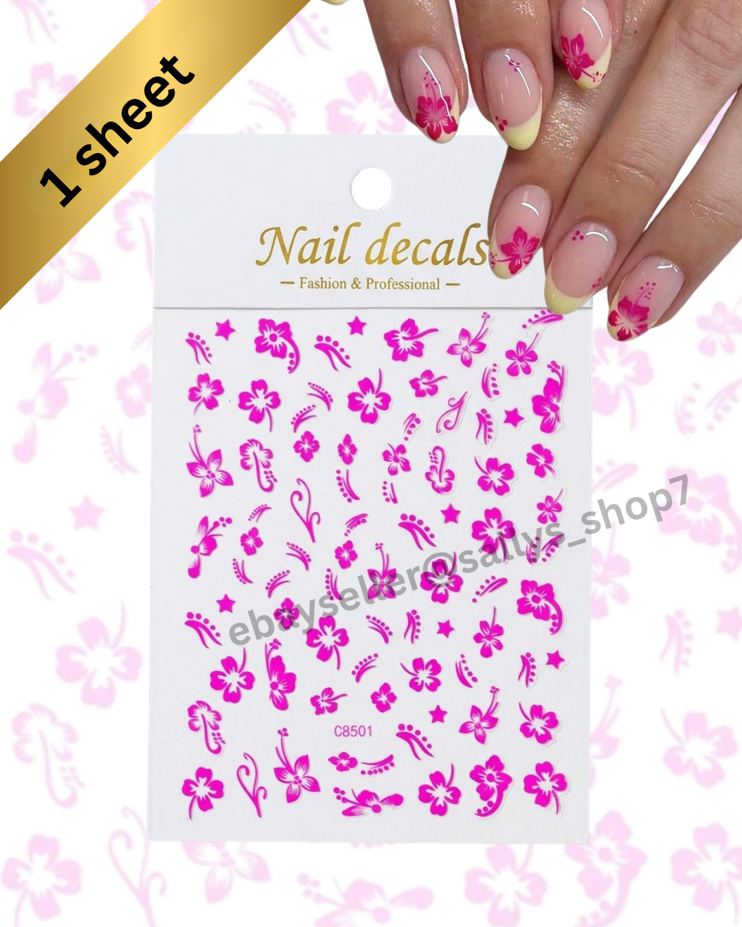 Hibiscus Nail Art Decals Tropical Flower Summer DIY Manicure Sticker Pink Gold