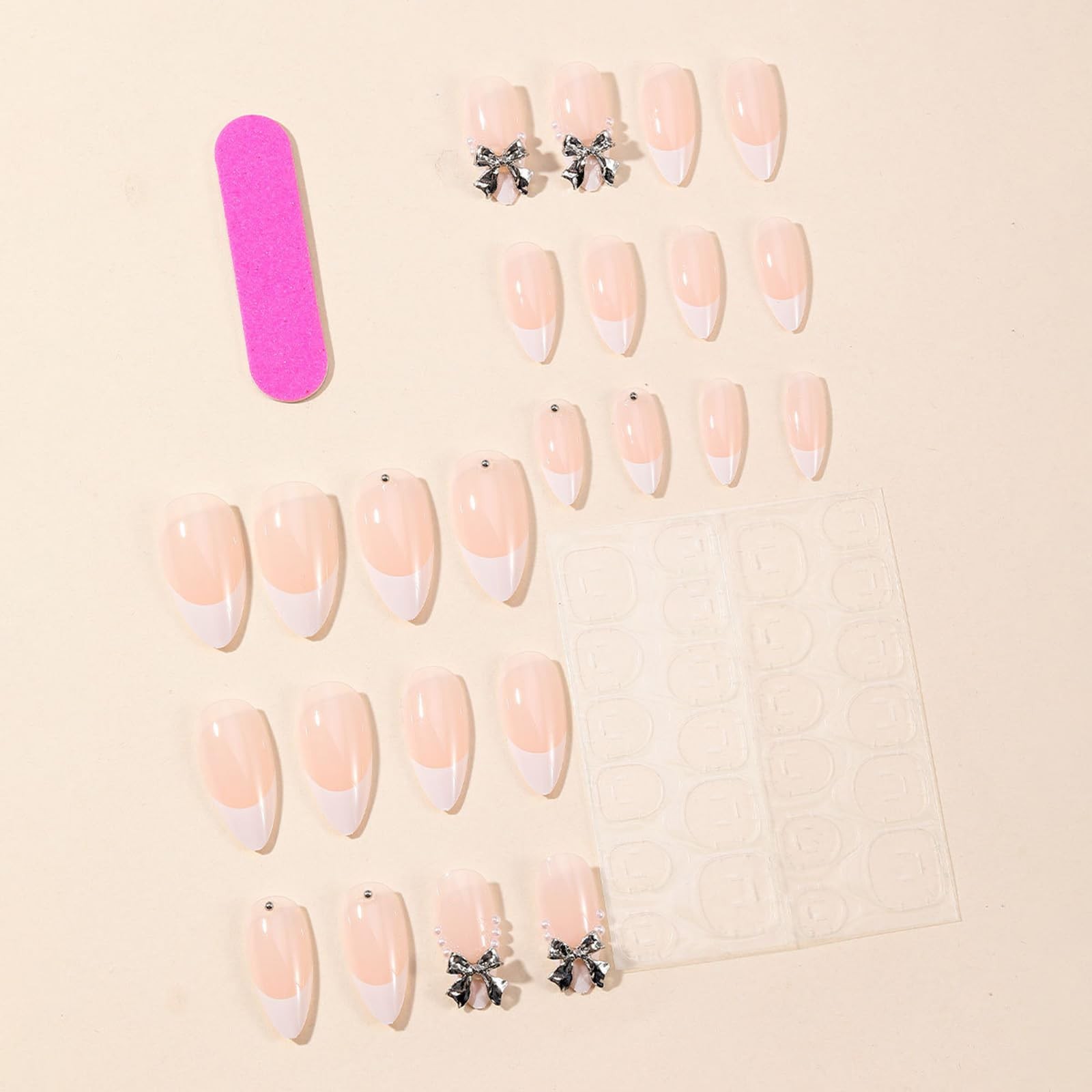 French Tip Almond Glue on Nails – Medium Length False Nails with Silver Bow P…