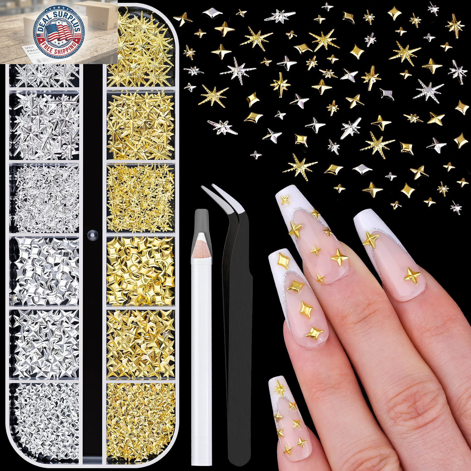 660Pcs 3D Star Nail Charms, Gold & Silver Multi-Shapes Metallic Nail Art Gems,Be