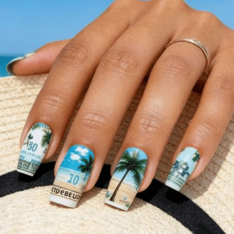48 Pcs Beach Palm Coffin Press on Nails, Tropical Vacation Trendy Fake Nails