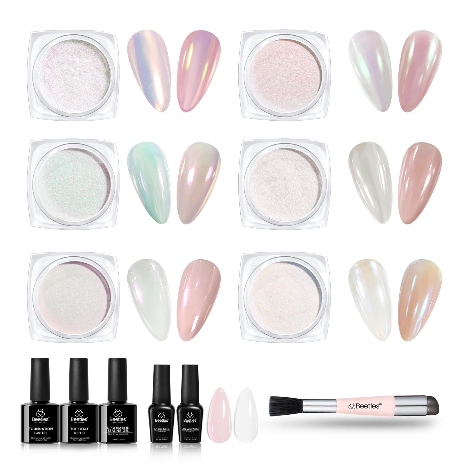 6 Colors Aurora Pearl Chrome Nail Powder Kit – Iridescent Metallic Mirror Glitte