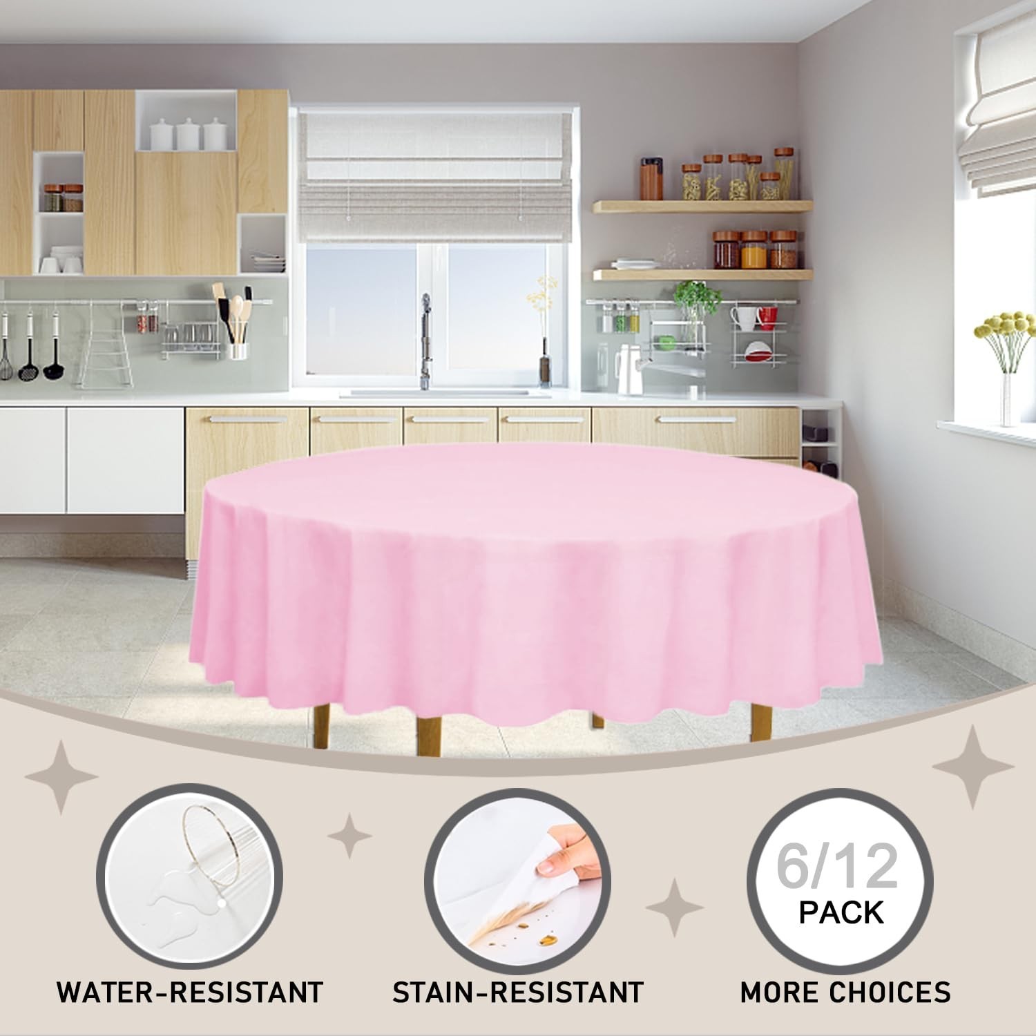 D&Z Plastic Table Cloth Disposable, 12 Pack Pink Round Tablecloth Individuall…
