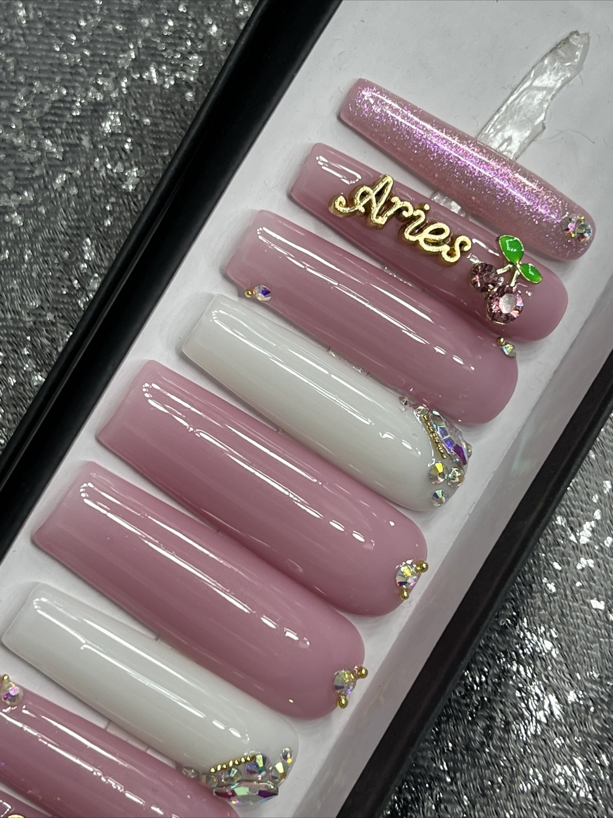 🍒 CUSTOM Gel Press On Nails, LILAC BLING ARIES , 10p FULL SET W Kit LONG SQUARE