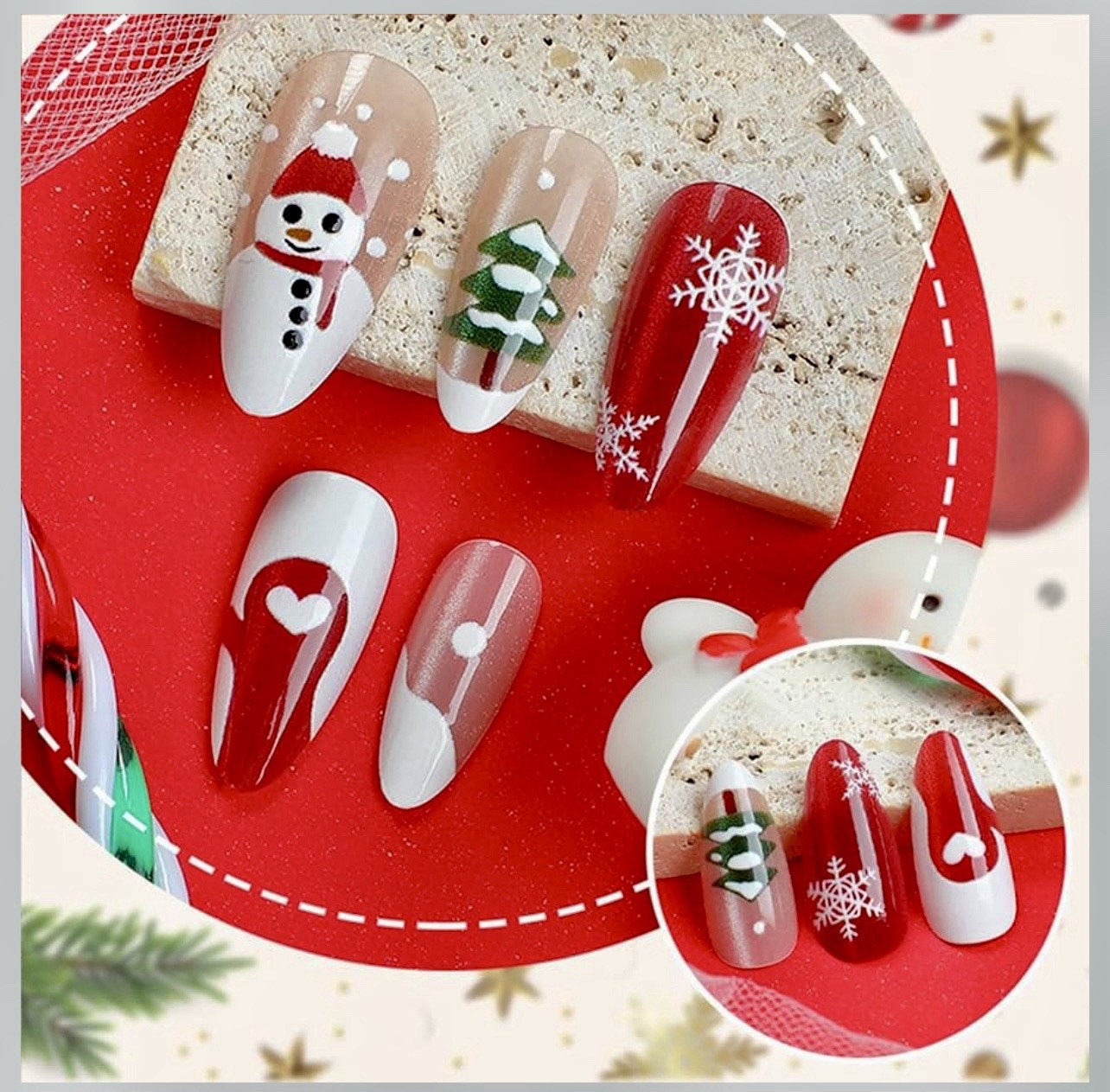 Christmas Press On Nails, New Medium Almond Red French Tip Fake False Cute