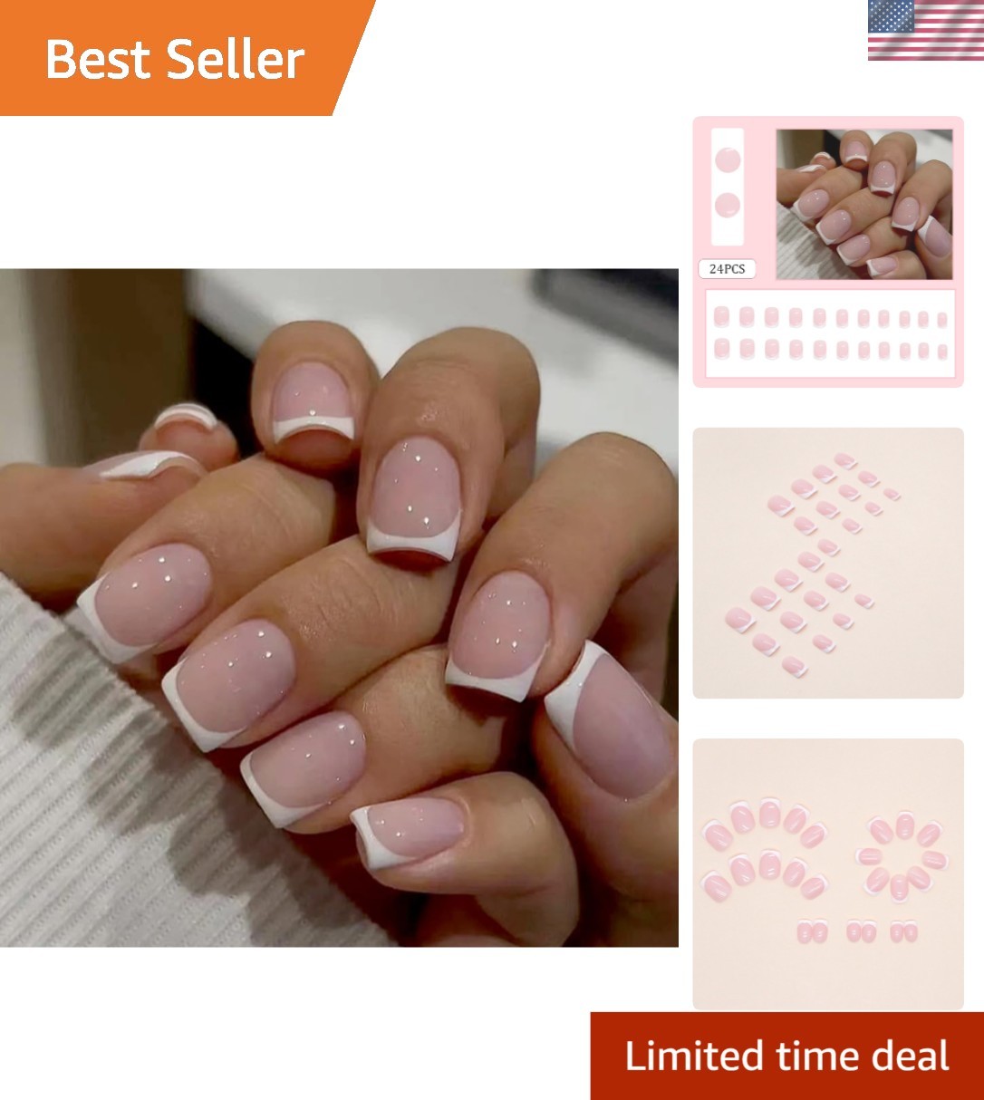 Short Press on Nails 24pcs Square Fake False Nails with White French Tip Desi…