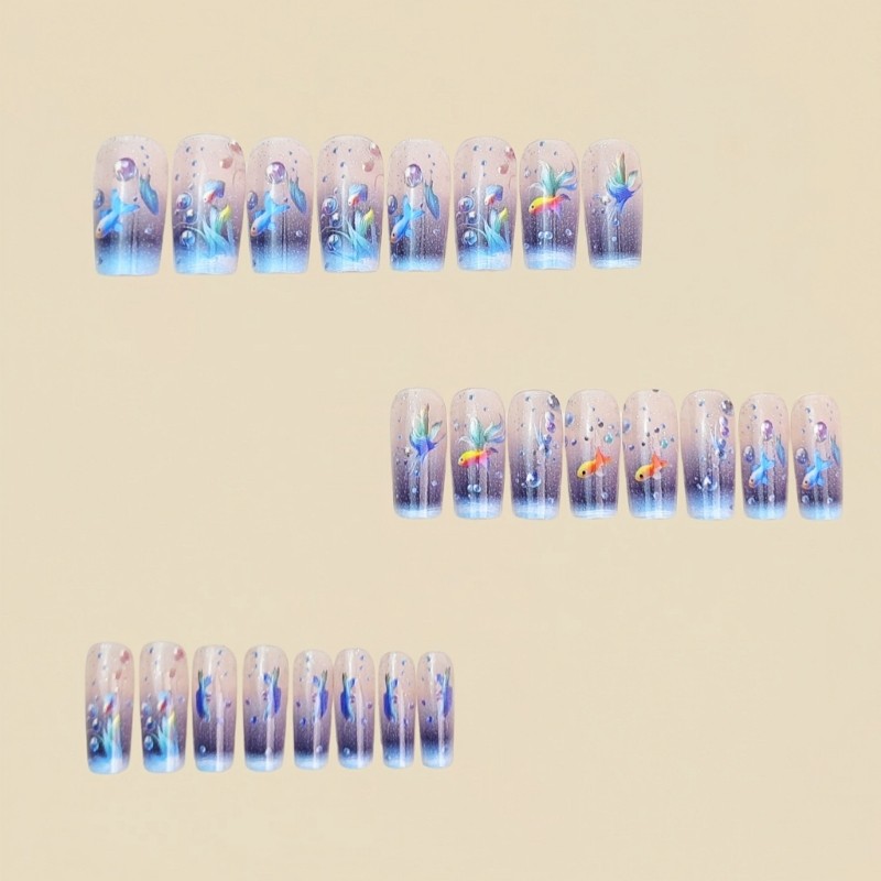 24Pcs Sea Inspired False Nail With Goldfish Design Long Lasting Nail Art