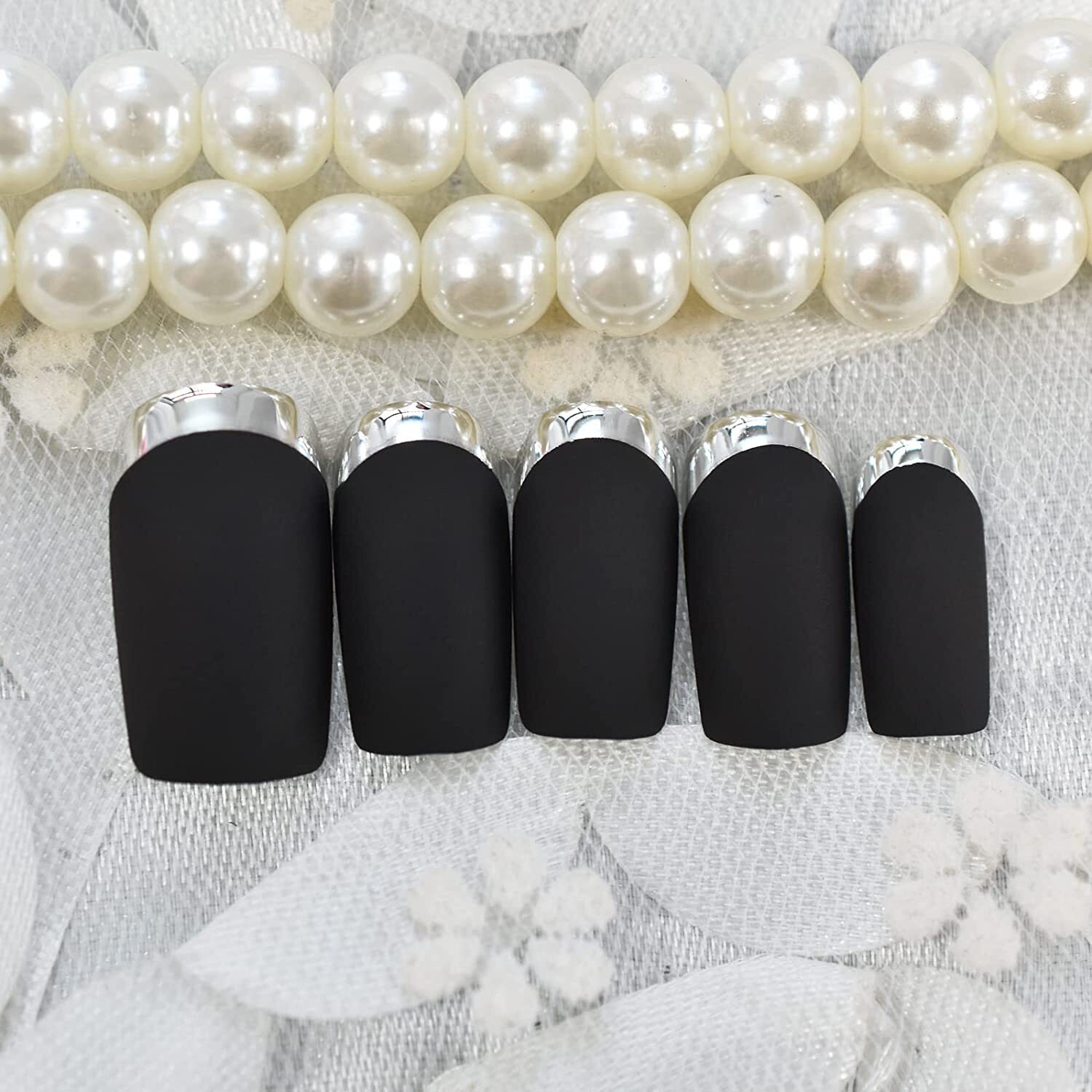 Matte Black Chrome French Press On Nails Long Square False Tips Fake Nails
