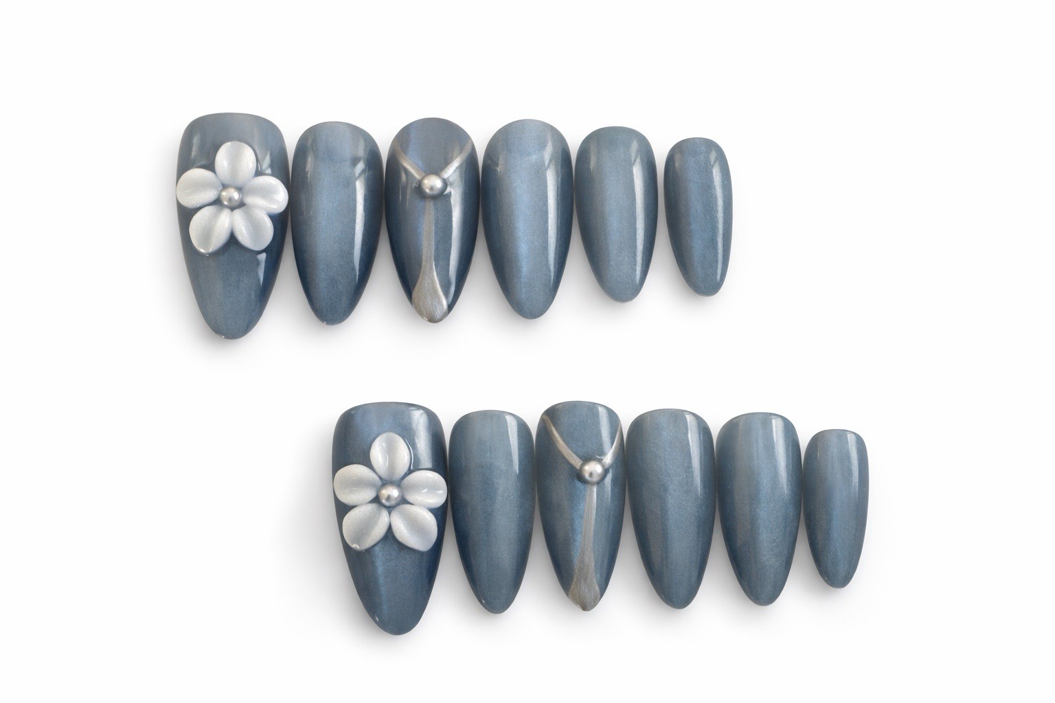 Press On Nails | Blue CatEye | 3D Flower & Pearl Accents | Size Small