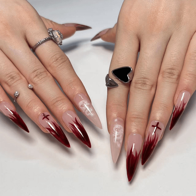 48pcs Stiletto Press on Nails, Wine Red Flame Cross Ombre Gothic Trend Nails