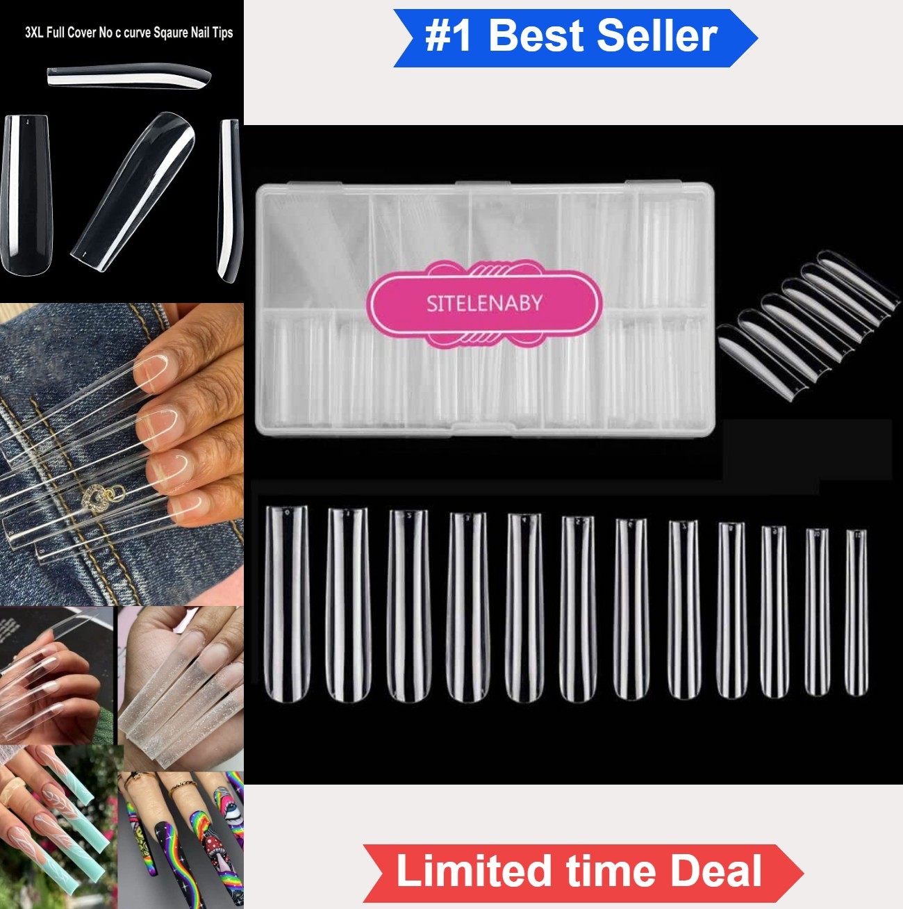 Acrylic Nail Tips 360pcs 12 Sizes Square Full Cover Clear Glossy Extra Long No
