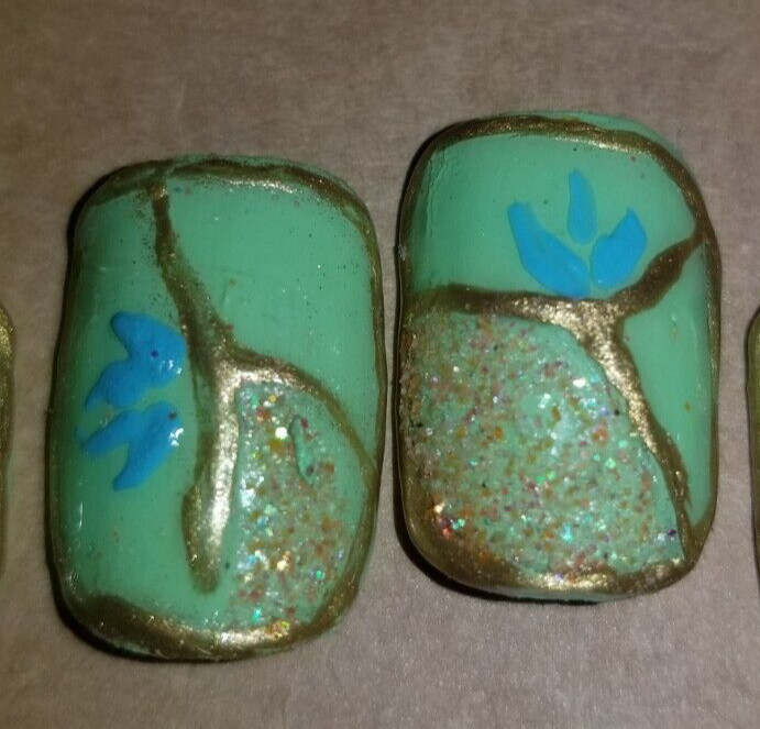 Kawaii Press On Nails|Neon Green Gold Orange Glitter | Short Square Gel 10PC