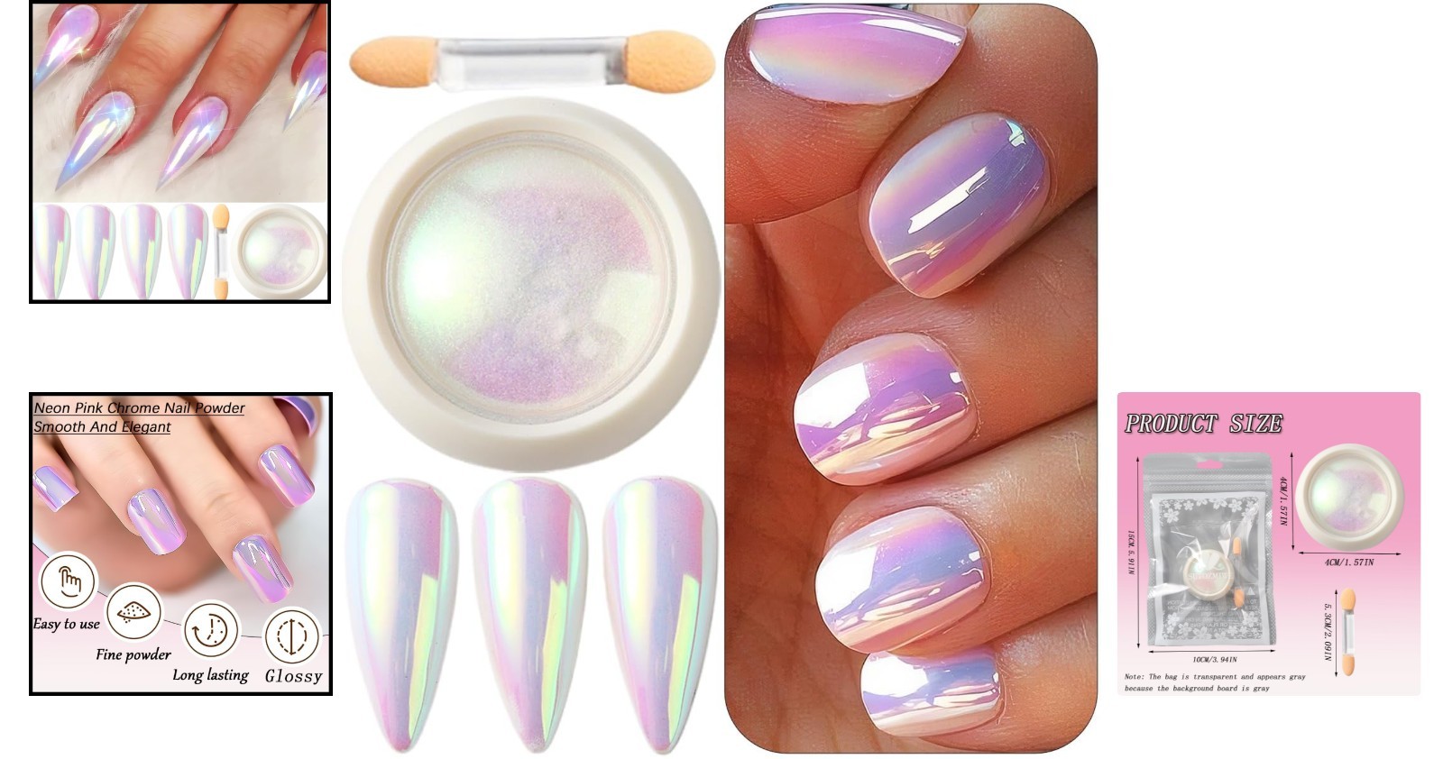1oz Chameleon Reflective Glitter Nail Powder with Sponge for Easy Application