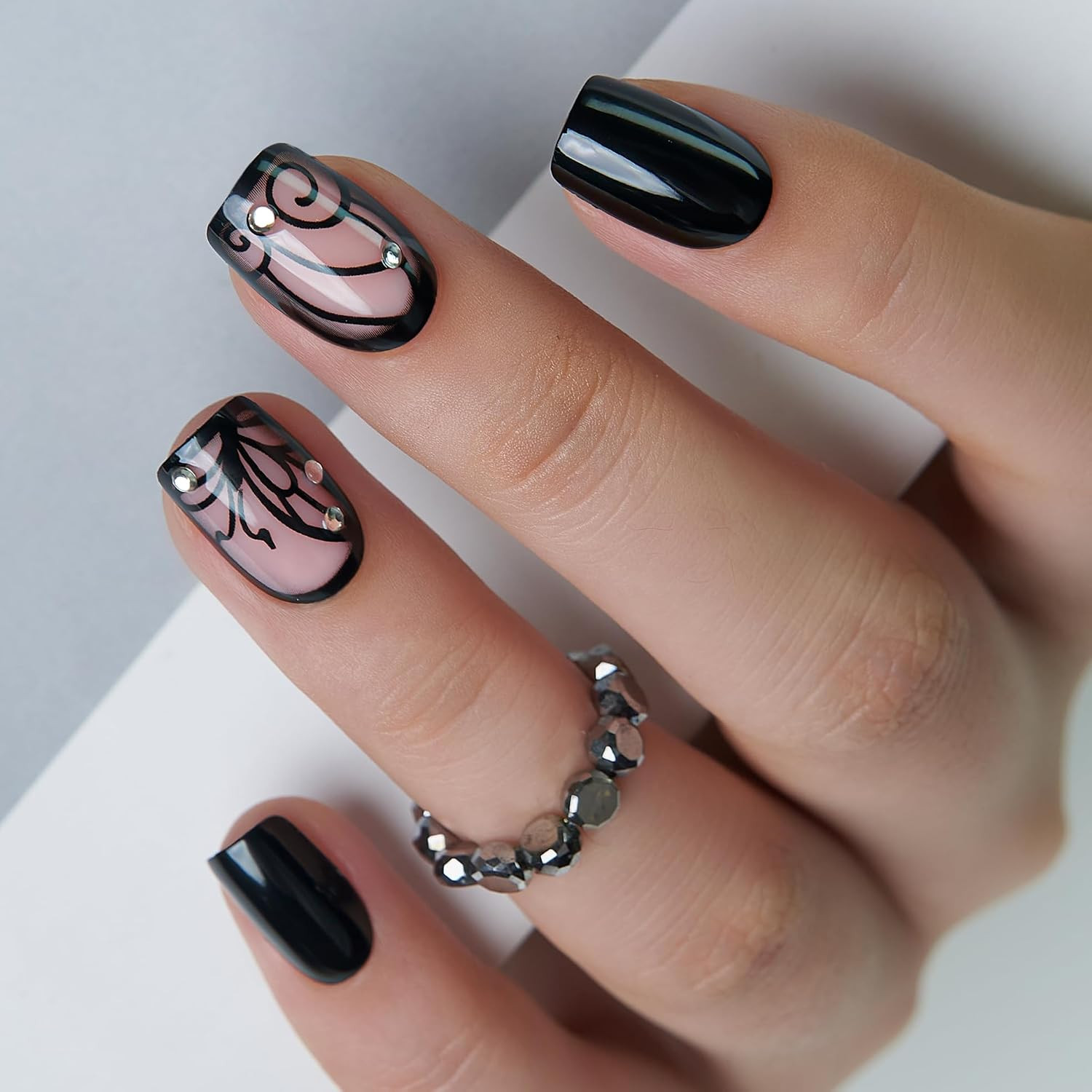 Black Press on Nails Short Square, Rhinestone Swirl Design Soft Gel Acrylic Stic