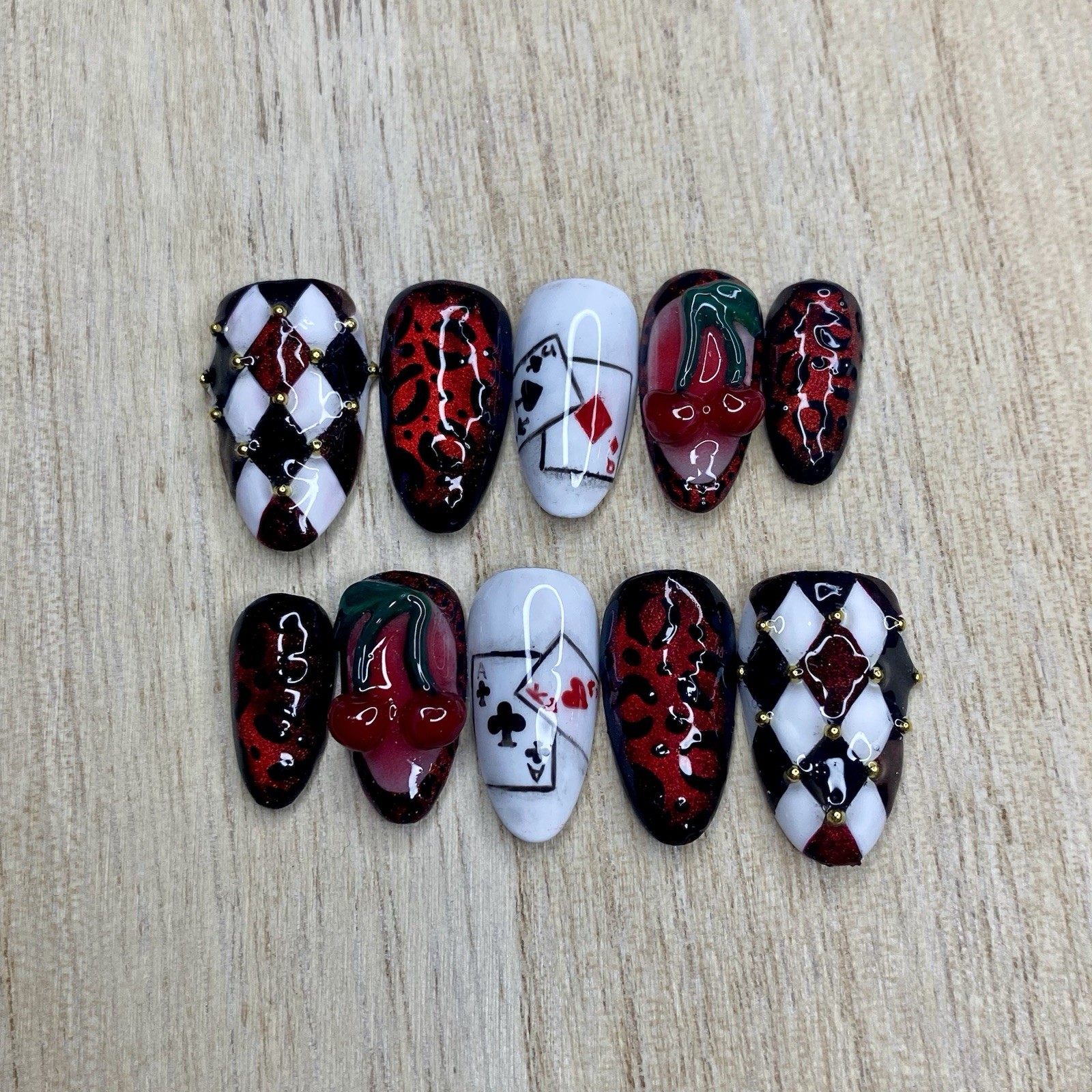 Red Black White Cherry 3D Press-On Nails | Acrylic Full Cover Long Almond