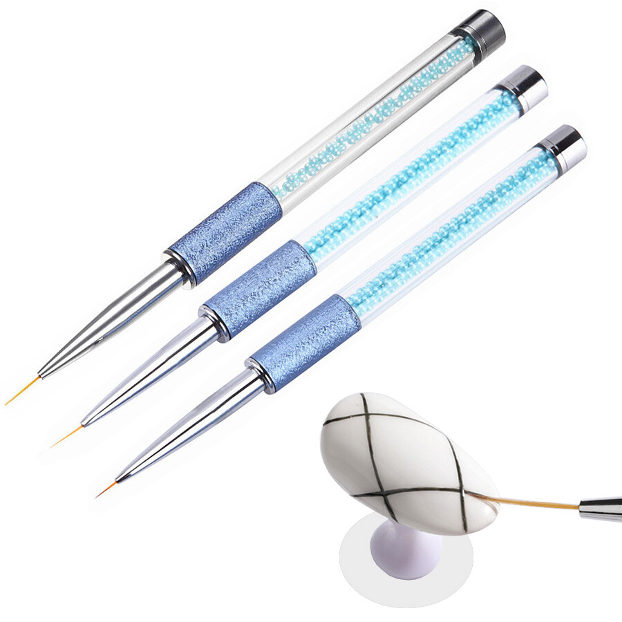 3Pcs Nail Art Liner Brush, Pearly Blue Beaded Pen for Drawing Lines, Flowers