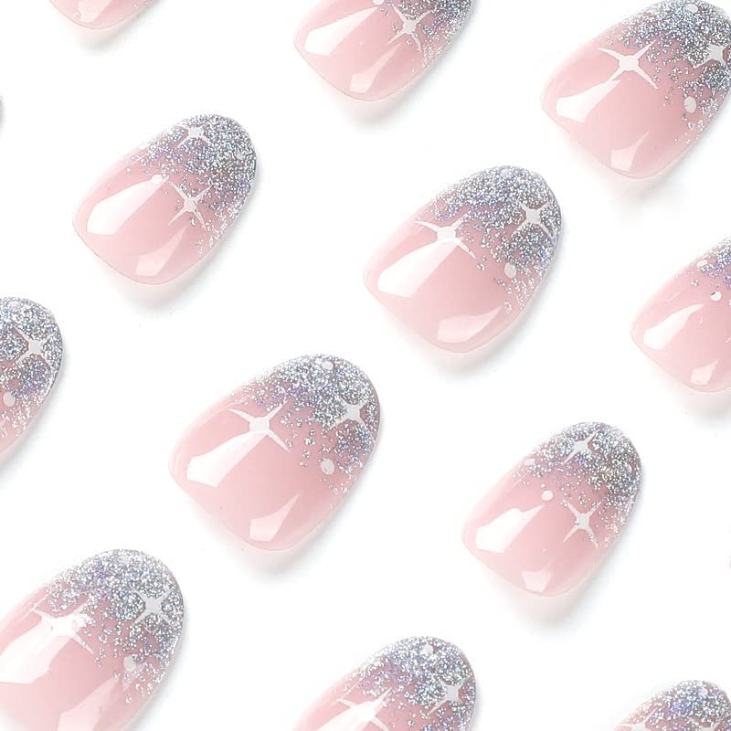 Silver Glitter French Press on Nails Short Almond fake Nails White Starburst …