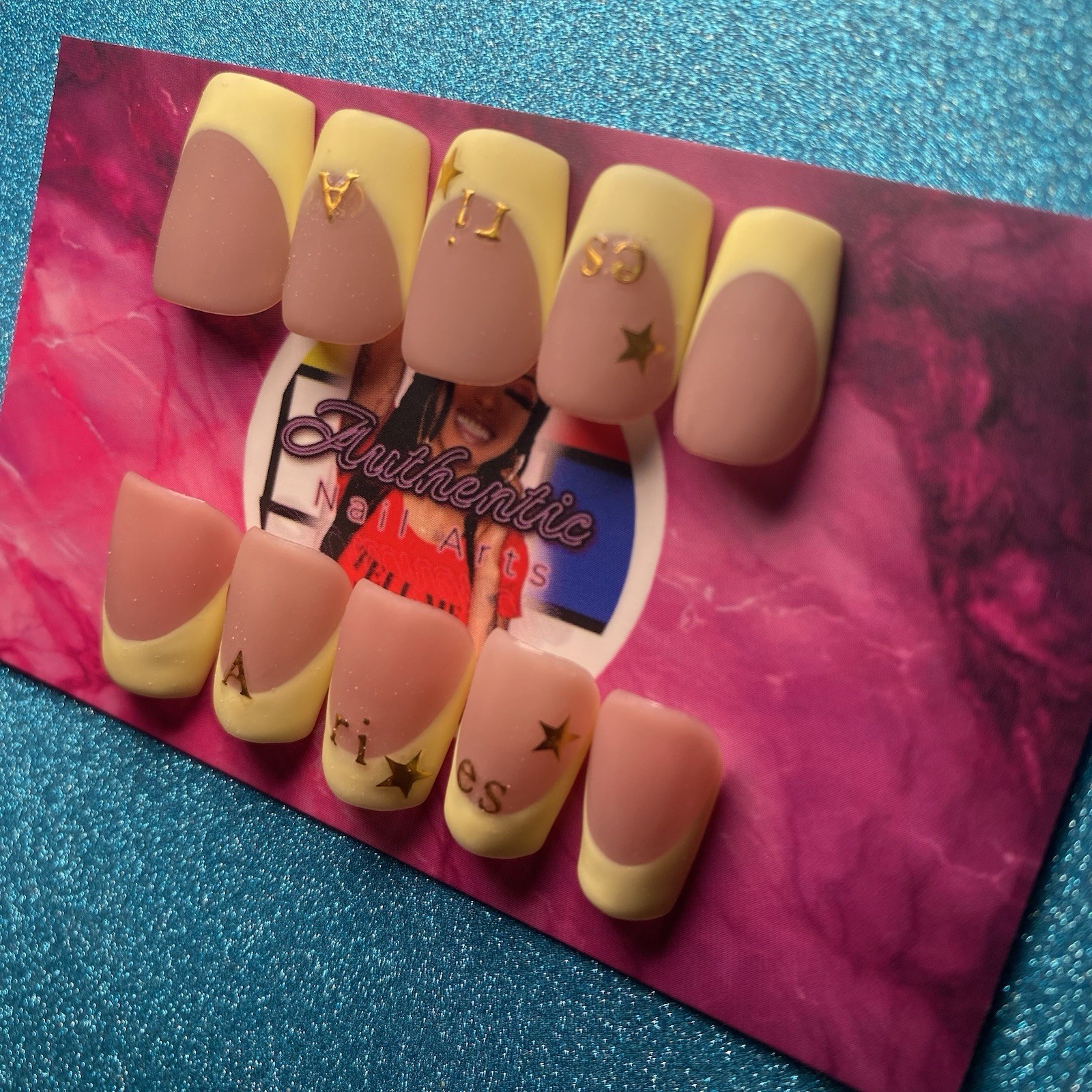 Authentic Nail Arts by Dia Square Press-On Nails Nude Yellow French 3D Zodiac
