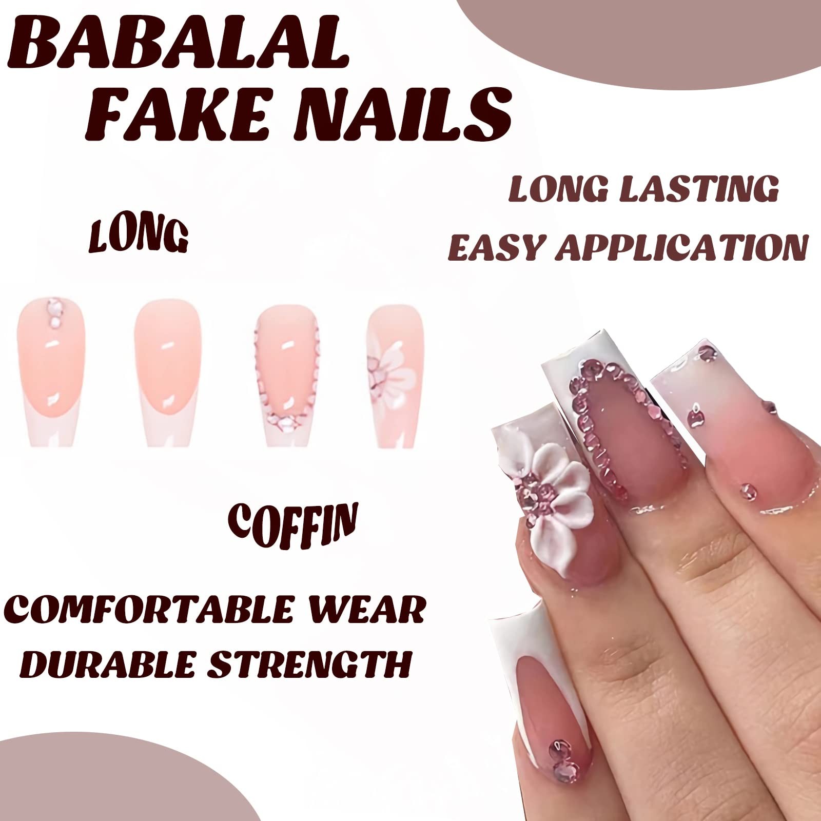 Coffin Press on Nails Long Fake Nails White French Tip Glue on Nails Pink Rhi…