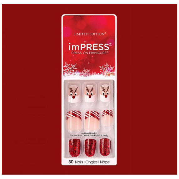 imPRESS Press On Nails Holiday Reindeer Candy Cane Red Short No Glue Manicure