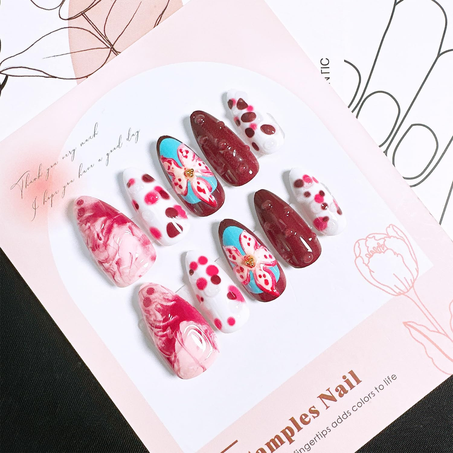 10Pcs Halloween Press on Nails Medium Almond Fake Nails with 3D Snake Flower Des