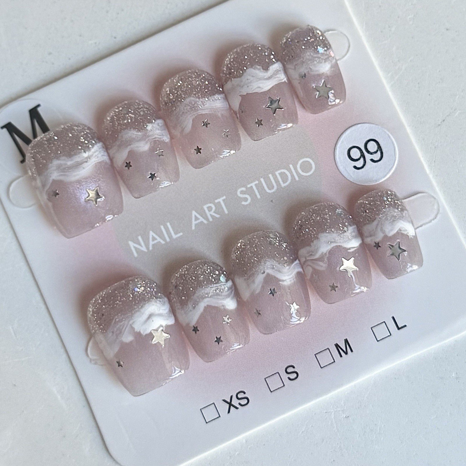 Handmade Pink White Ombre Press-On Nails Short Square Size M Reusable Fake Nails