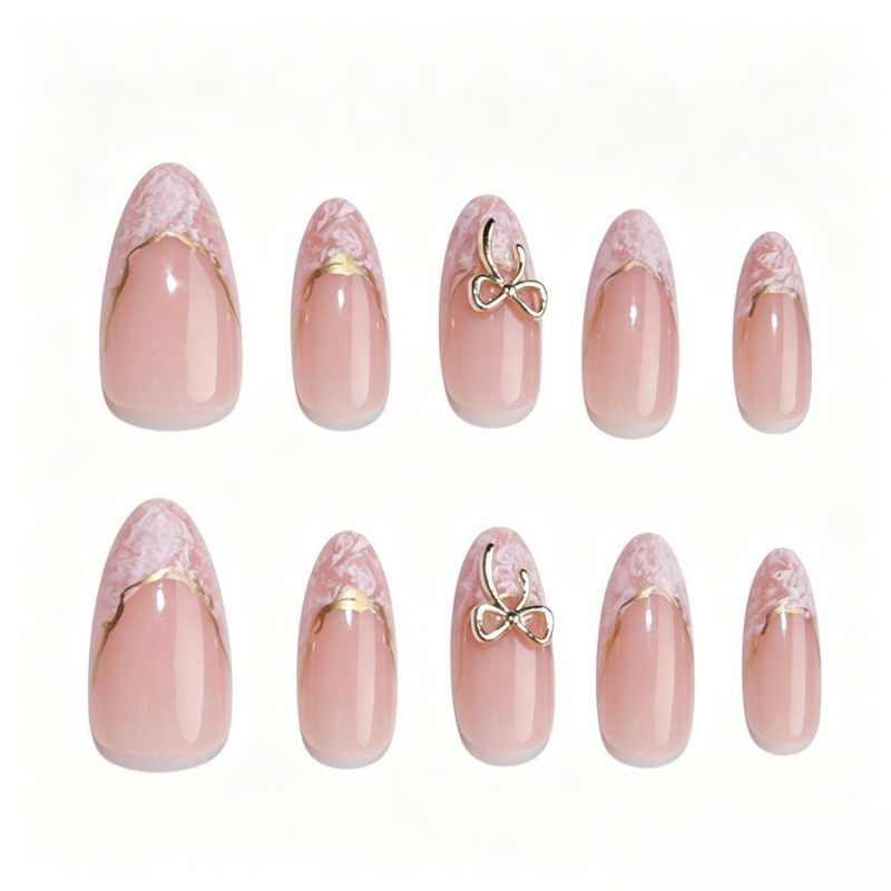 60Pcs Nude White Bow Press on Nails, Medium Almond Gold Wire Elegant Fake Nails