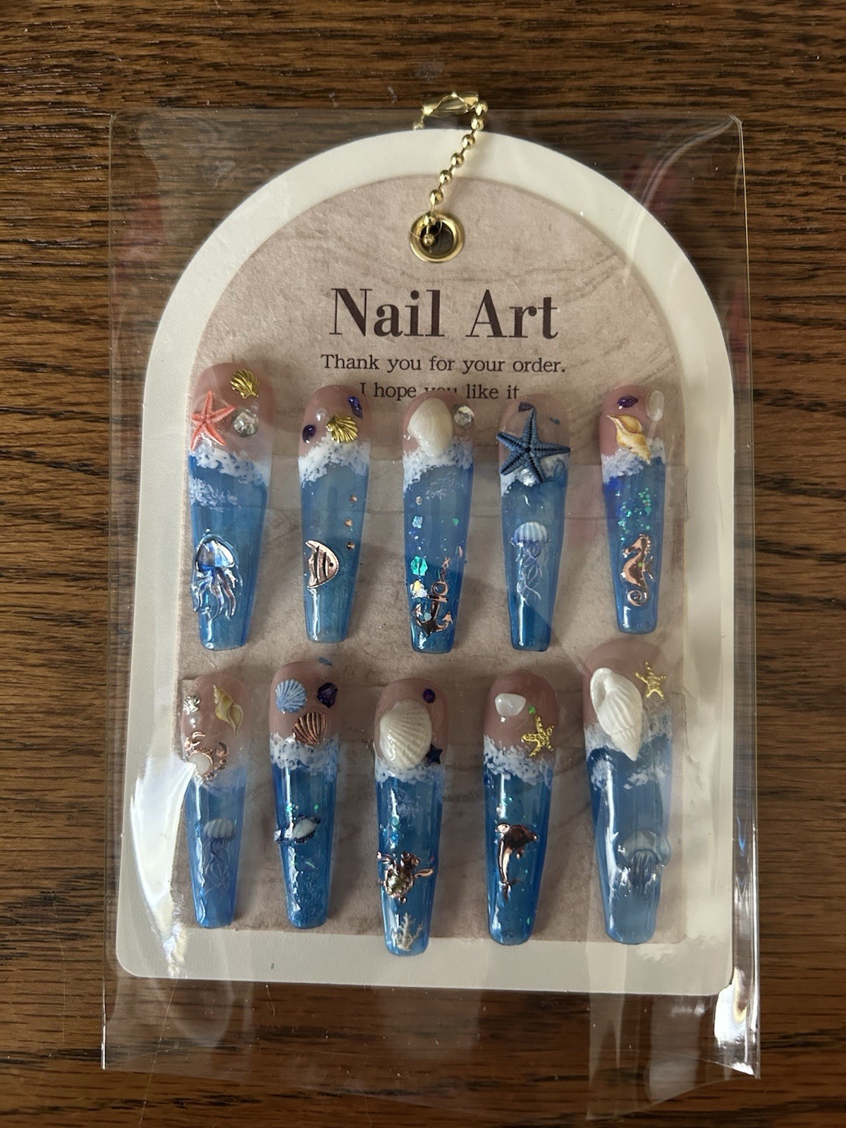 Z NAILZ! Handmade XL Coffin 3D Shiny Beach Themed Press In Nails