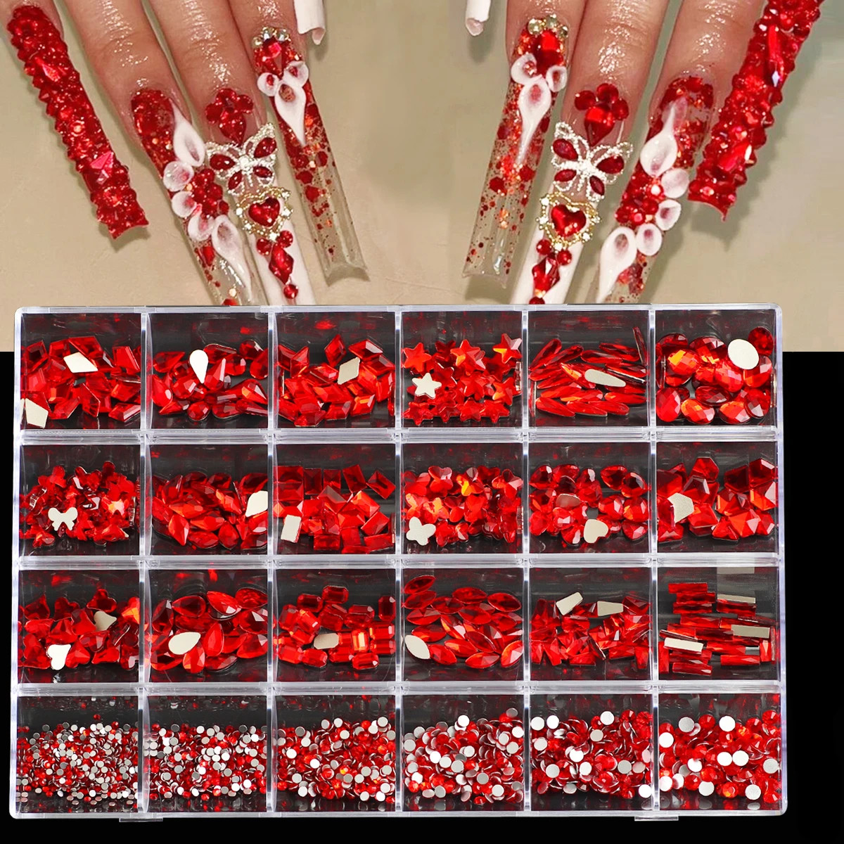 1 box of multi shaped 3D nail diamond kits 24 AB crystal gem grids flat bottom